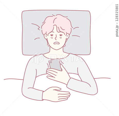 Sleepless Night A Young Individual in Bed Using Their Smartphone Amidst Restlessness 128315801