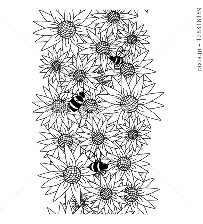 Sunflower with bees Vertical seamless border. Vector graphic line illustration. wreath arrangement design. Perfect design for fashion graphics, textile prints, fabrics, wallpapers. Sunflower with bees Vertical seamless border. Vector graphic line illustration. wreath arrangement design. Perfect design for fashion graphics, textile prints, fabrics, wallpapers. 128316189