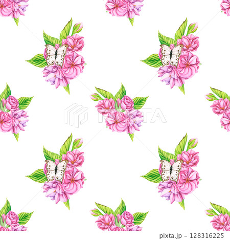 Pink flowers with a butterfly Seamless Pattern. Watercolor botanical background of Pink cherry blossom flowers. Pattern with flowers botanical illustration. Botanical wallpaper of flowers for designs Pink flowers with a butterfly Seamless Pattern. Watercolor botanical background of Pink cherry blossom flowers. Pattern with flowers botanical illustration. Botanical wallpaper of flowers for designs 128316225