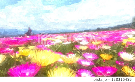 初夏の高原のポピーの花畑の水彩画 初夏の高原のポピーの花畑の水彩画 128316459