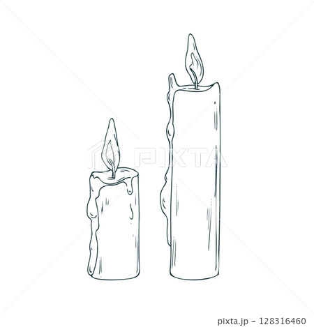Hand drawn line art illustration of burning candles with melting wax. Black ink graphic perfect for winter, cozy designs, spiritual themes, or holiday compositions. 128316460