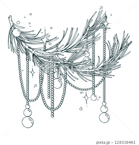 Hand drawn line art composition of pine garland and hanging beads. Black ink sketch perfect for winter-themed holiday stationery, cards, and festive banners. 128316461