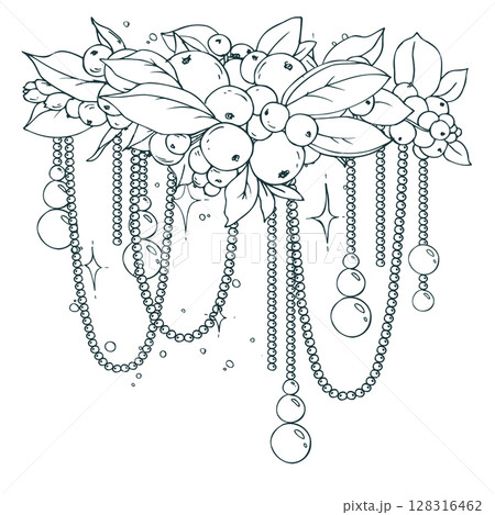 Decorative Christmas bouquet with beads, baubles and snowberries. Created in line art style by hand using black ink. Perfect for cards, decor and winter packaging. 128316462