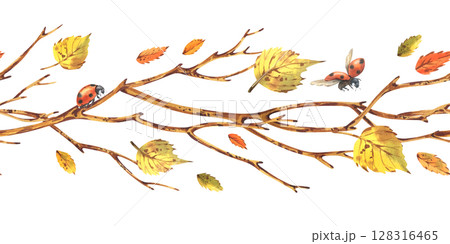 Seamless border pattern hand painted with watercolor depicting brown tree branches with yellow autumn birch leaves and ladybugs Delicate autumn illustration floral garland for various seasonal designs Seamless border pattern hand painted with watercolor depicting brown tree branches with yellow autumn birch leaves and ladybugs Delicate autumn illustration floral garland for various seasonal designs 128316465
