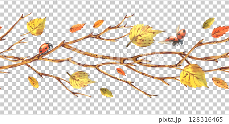 Seamless border pattern hand painted with watercolor depicting brown tree branches with yellow autumn birch leaves and ladybugs Delicate autumn illustration floral garland for various seasonal designs Seamless border pattern hand painted with watercolor depicting brown tree branches with yellow autumn birch leaves and ladybugs Delicate autumn illustration floral garland for various seasonal designs 128316465