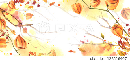 Autumn template, frame for text with orange physalis and tree branches. Watercolor illustration hand-drawn in warm colors for design and decoration of seasonal cards, invitations and packaging. 128316467