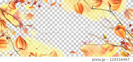 Autumn template, frame for text with orange physalis and tree branches. Watercolor illustration hand-drawn in warm colors for design and decoration of seasonal cards, invitations and packaging. 128316467