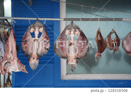 Sun-Dried Skate Fish Hanging to Dry in South Korea Sun-Dried Skate Fish Hanging to Dry in South Korea 128316506
