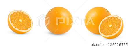 Set of ripe orange fruits isolated. Whole orange fruit and cut in half cut out. Citrus fruit collection. 128316525