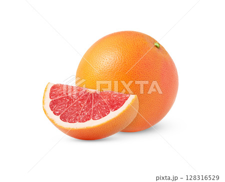 Grapefruit isolated on white background. Juicy citrus fruit and a slice cut out. 128316529