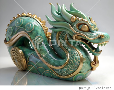 3D Renders Jade Dragon Sculpture Intricate Gold Accents and Teal Hues. 3d illustration 128316567