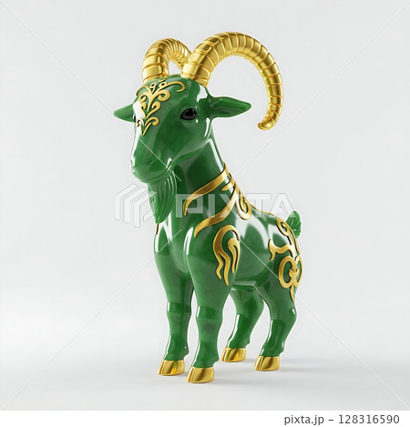 3D Renders Glossy Green Goat Statue with Golden Horns and Ornate Decorative Accents. 3d illustration 128316590