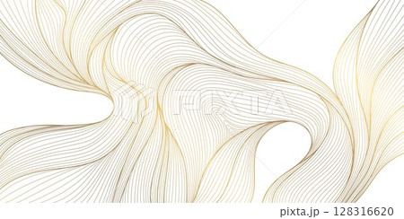 Vector abstract wave gold line background, light luxury graphic texture. Premium water, sea, river flow ornament, japanese silk elegant curve art 128316620