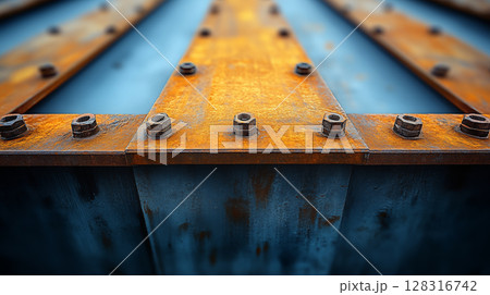 Industrial metal beam with rusty bolts against blue background showing structural engineering and construction detail 128316742