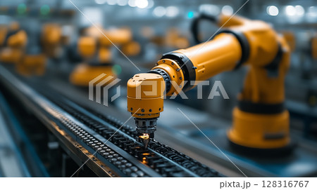 Robotic arm operating on assembly line in modern factory, industrial automation technology for manufacturing and production efficiency 128316767