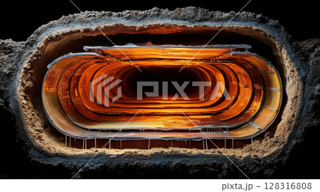 Agate mineral cross section with glowing layers in fiery orange and gold tones, geological structure with concentric patterns for luxury design 128316808