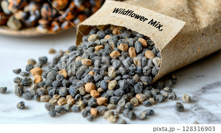 Biodegradable paper packet labeled Wildflower Mix spills seeds onto clean white surface, representing biodiversity and eco conscious efforts in promoting natural flora 128316903