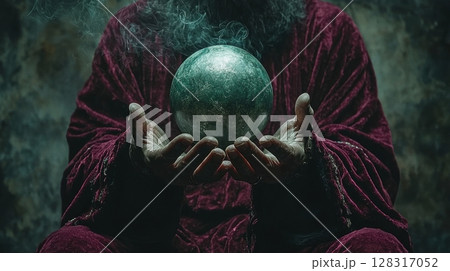 mysterious magician in deep velvet robes raises his hands, summoning glowing orb of energy swirls and casts eerie shadows around dark, enchanted space 128317052