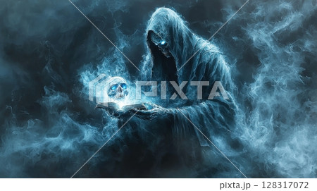 skeletal lich clad in intricate necromancer robes stands in shadows, holding glowing skull radiates blue energy hollow eyes burn fierce intensity, surrounded aura of dark magic skeletal lich clad in intricate necromancer robes stands in shadows, holding glowing skull radiates blue energy hollow eyes burn fierce intensity, surrounded aura of dark magic 128317072