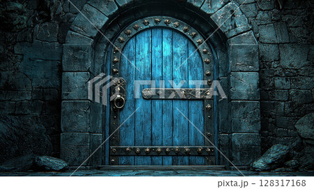 towering gothic door, adorned elaborate wrought iron handles, stands firm amidst dark stone arches, evoking sense of ancient mystery and medieval grandeur in magical environment 128317168