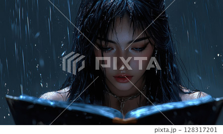 wise and enigmatic witch explores ancient grimoire, her fingers gliding over intricate symbols while her family crest amulet glimmers in mystical atmosphere 128317201