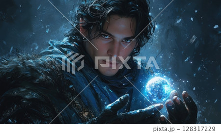 radiant man dressed in deep sapphire robes stands among stars, holding swirling galaxy in his hands, wise and enigmatic expression on his face 128317229