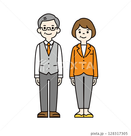 オフィスで働くシニア男女の、シンプルな全身イラスト素材セット＿ベクター＿カラー 128317305
