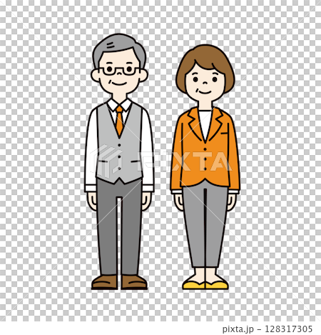オフィスで働くシニア男女の、シンプルな全身イラスト素材セット＿ベクター＿カラー 128317305
