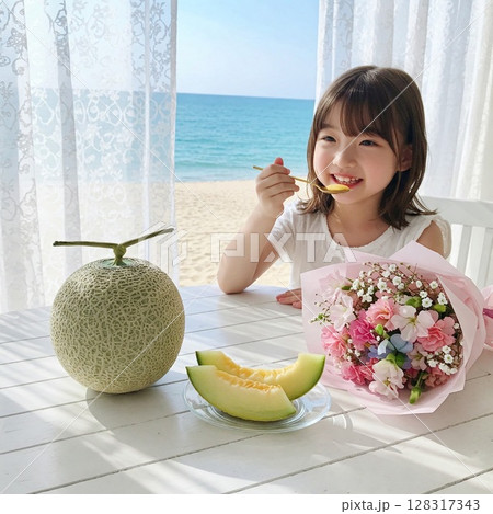 メロンと花束を前に微笑む若い女性　少女 レースのカーテンから太陽の光が透ける 128317343