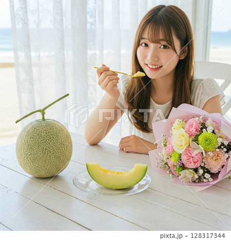 メロンと花束を前に微笑む若い女性　少女 レースのカーテンから太陽の光が透ける 128317344
