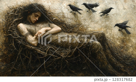regal man sits on gothic throne of thorny vines, dark expression as crows circle above setting conveys mood of solitude and mystery in fantasy realm 128317682