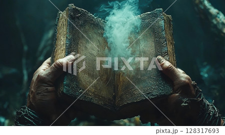 Well manicured hands of magician grasp old spellbook as soft misty smoke rises from weathered pages in dimly lit setting, adding air of enchantment 128317693