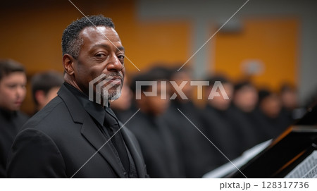passionate music teacher directs lively choir practice in vibrant classroom filled eager students Sheet music covers grand piano as voices harmonize in unison 128317736