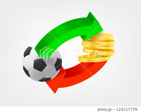 Two arrows with soccer ball and coins. Sports betting concept. 3d vector illustration 128317776