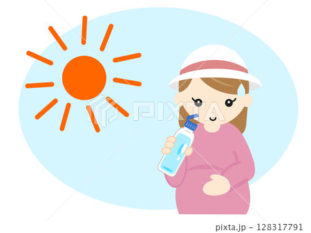 熱中症対策に屋外で帽子をかぶって水分補給をする妊婦 128317791