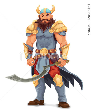 ancient fantasy warrior with stern face standing threatening pose in armor and with weapon cartoon vector illustration 128318161