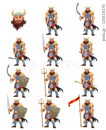 ancient fantasy warrior with stern face standing threatening pose in armor and with weapon cartoon vector illustration 128318170