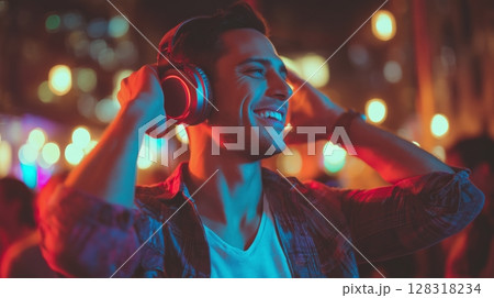 Young man enjoying music at an outdoor festival during a vibrant night event 128318234