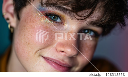 Young non-binary person with colorful makeup smiling brightly against a softly lit background Young non-binary person with colorful makeup smiling brightly against a softly lit background 128318258