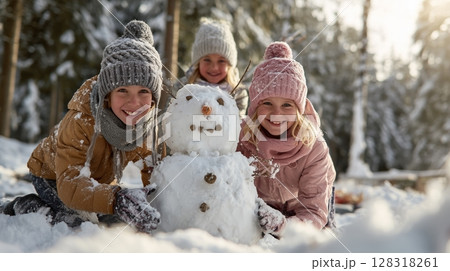 Kids build a snowman in a winter wonderland while enjoying the snowy landscape during a sunny afternoon 128318261