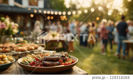 Outdoor summer gathering featuring a beautifully arranged platter of grilled meats and colorful vegetable Outdoor summer gathering featuring a beautifully arranged platter of grilled meats and colorful vegetable 128318268
