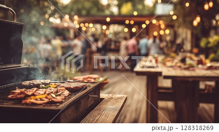 Grilling delicious meats and vegetables on barbecue grill outdoors, with smoke rising in the air, surrounded by vibrant atmosphere Grilling delicious meats and vegetables on barbecue grill outdoors, with smoke rising in the air, surrounded by vibrant atmosphere 128318269