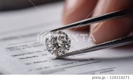 Close-up of a sparkling round diamond being held with tweezers above a document, showcasing intricate details 128318271