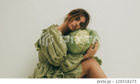 Fashion model poses with fresh produce in a modern studio setting during a creative photoshoot Fashion model poses with fresh produce in a modern studio setting during a creative photoshoot 128318273