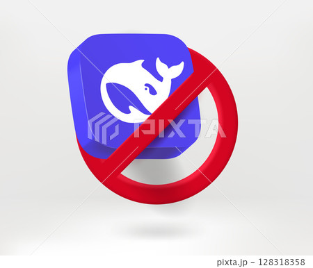 Deepseek service icon with red crossed line in circle. Vector editorial illustration. TURKEY, FETHIYE, February 5, 2025 128318358
