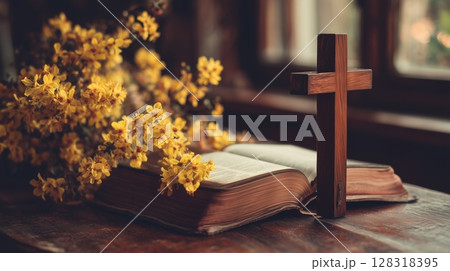 Reflection on faith with cross and holy bible surrounded by vibrant yellow flowers in a serene setting Reflection on faith with cross and holy bible surrounded by vibrant yellow flowers in a serene setting 128318395