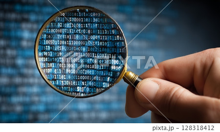 Magnifying glass held by a hand revealing binary code on a digital screen for analysis and investigation Magnifying glass held by a hand revealing binary code on a digital screen for analysis and investigation 128318412