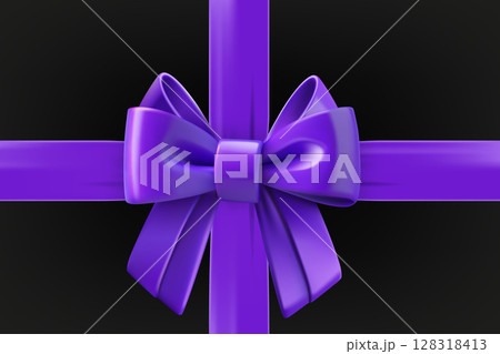 Violet ribbon with a bow on black box. 3d vector illustration 128318413