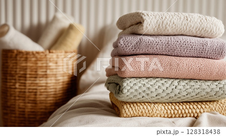 Stacked towels in soft colors create a cozy and inviting atmosphere in a warm bedroom setting 128318438