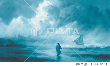 Jesus walks on water at sunrise while disciples watch from a boat surrounded by a vibrant morning sky 128318451